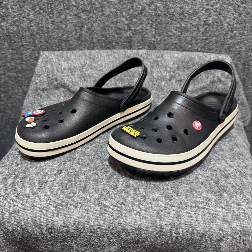 Crocs Crocband Black White Clogs Shoes 10 W/ Jibbitz Style Charms USED/CLEANED